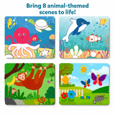 Animal-themed puzzle scenes from Dot it Wild Farm and Underwater Sticker Art for ages 3-7