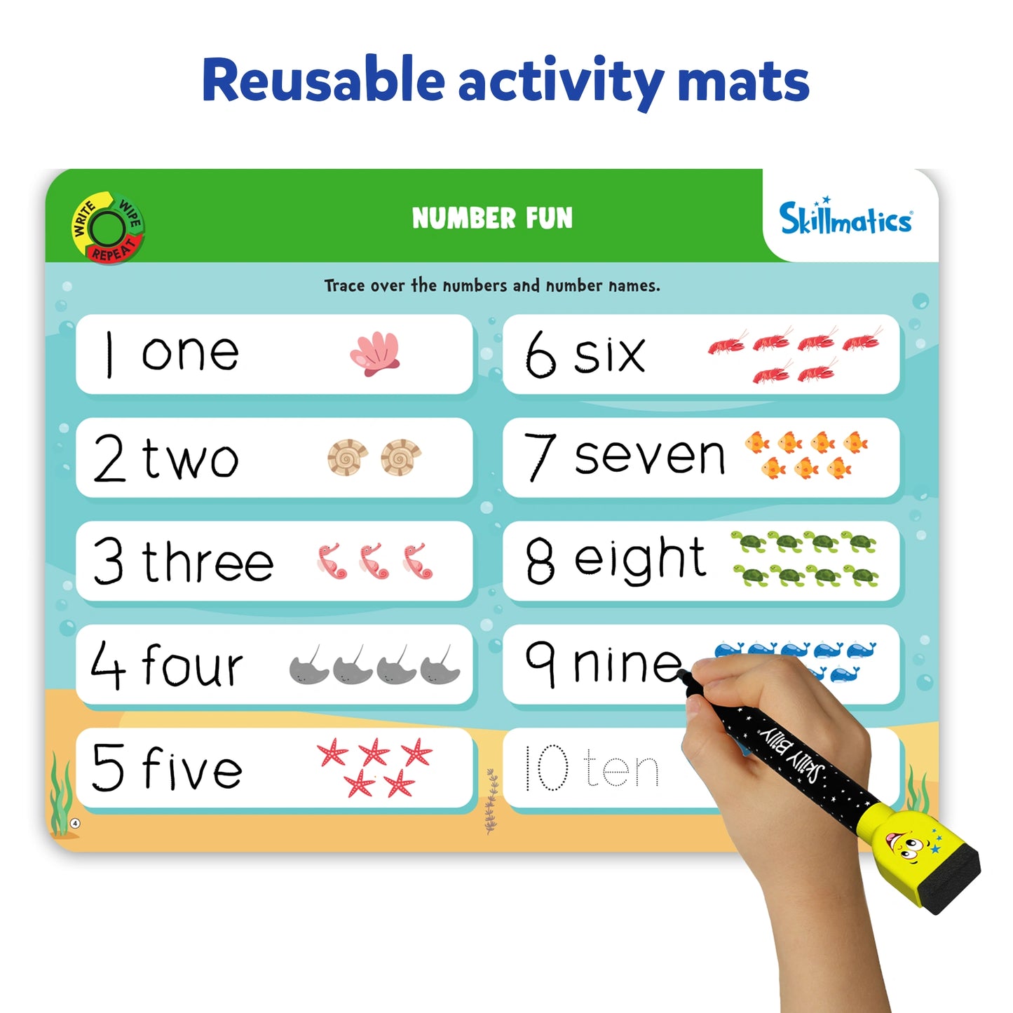 Reusable activity mat from Skillmatics Preschool Champion titled “Number Fun.” The mat includes numbers 1 to 10 with corresponding number words and sea creature illustrations for tracing with a dry-erase marker.