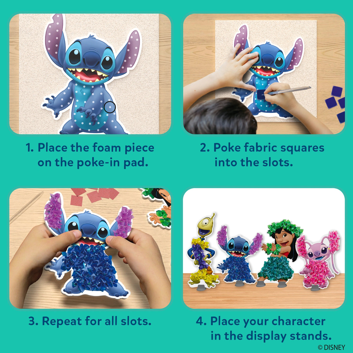 Instructions for creating a textured Stitch character craft from Poke-in Art Lilo & Stitch for kids