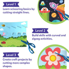 Educational craft kit with scissors and cut-out shapes for different skill levels.