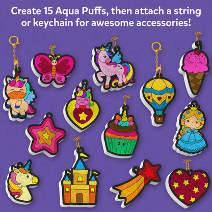 Colorful Aqua Puff keychains featuring Princesses and Unicorns from the 3D Art Kit