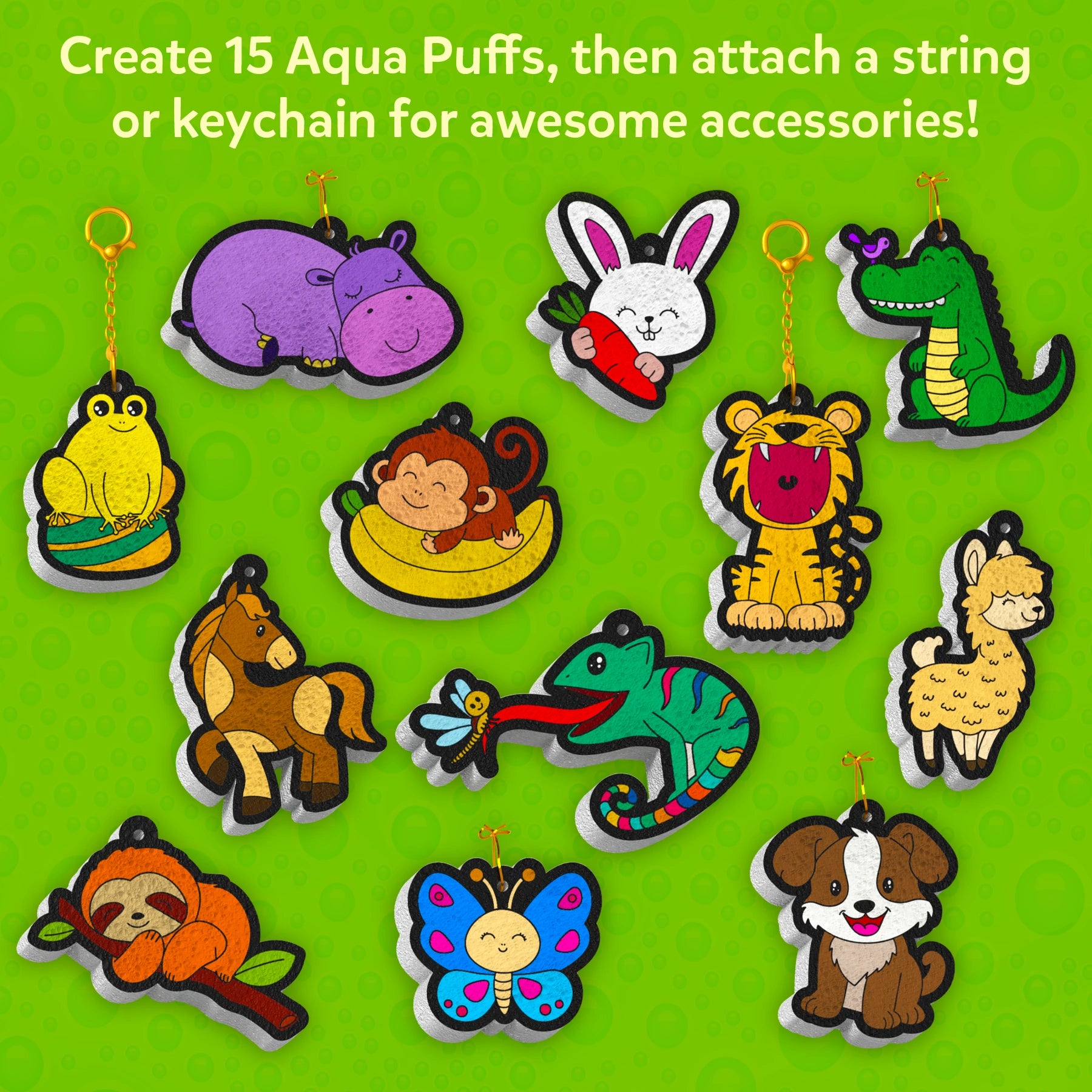 Aqua Puff animal keychains from Aqua Puffs Animal Friends 3D Art Kit for kids