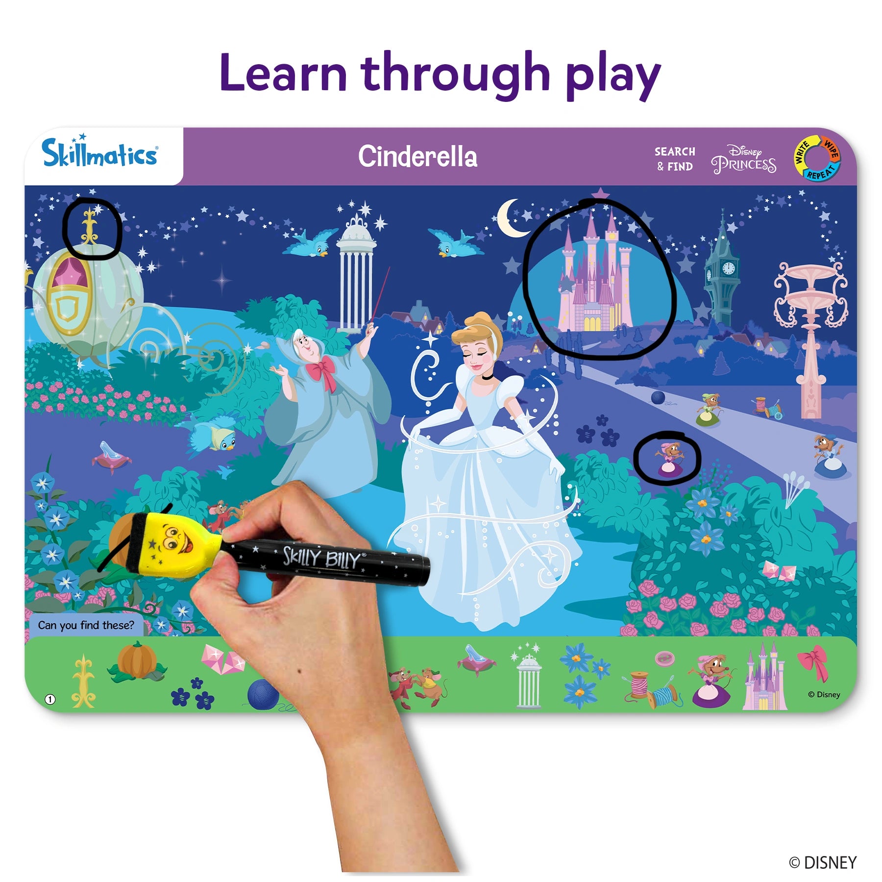 Skillmatics Disney Princess Cinderella educational game board with a hand holding a marker.