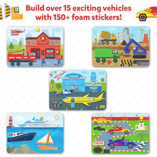 Colorful vehicle-themed foam sticker puzzles for ages 4-7 in Tangram Twist Off We Go product