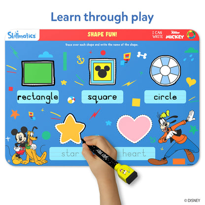 Skillmatics learning mat with Disney characters teaching shapes and writing.