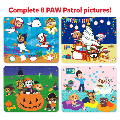 Four Paw Patrol puzzle scenes from Dot it! No mess sticker art for kids ages 3-7