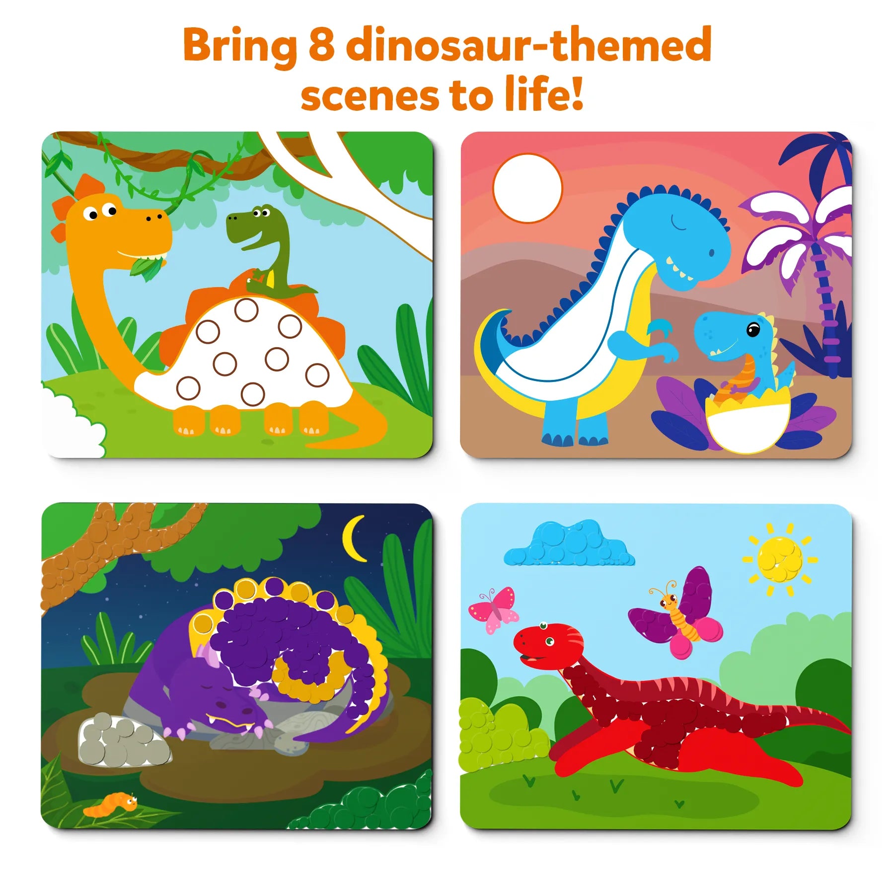 Dinosaur-themed scenes from Dot it! World of Dinosaurs no mess sticker art for kids