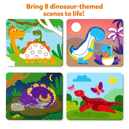 Dinosaur-themed scenes from Dot it! World of Dinosaurs no mess sticker art for kids