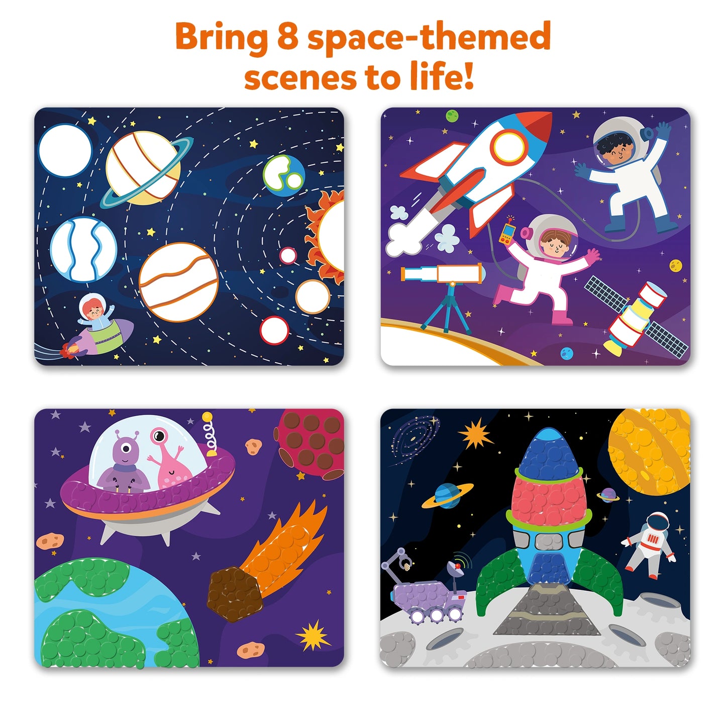 Space-themed coloring cards for kids featuring outer space designs and no mess sticker art