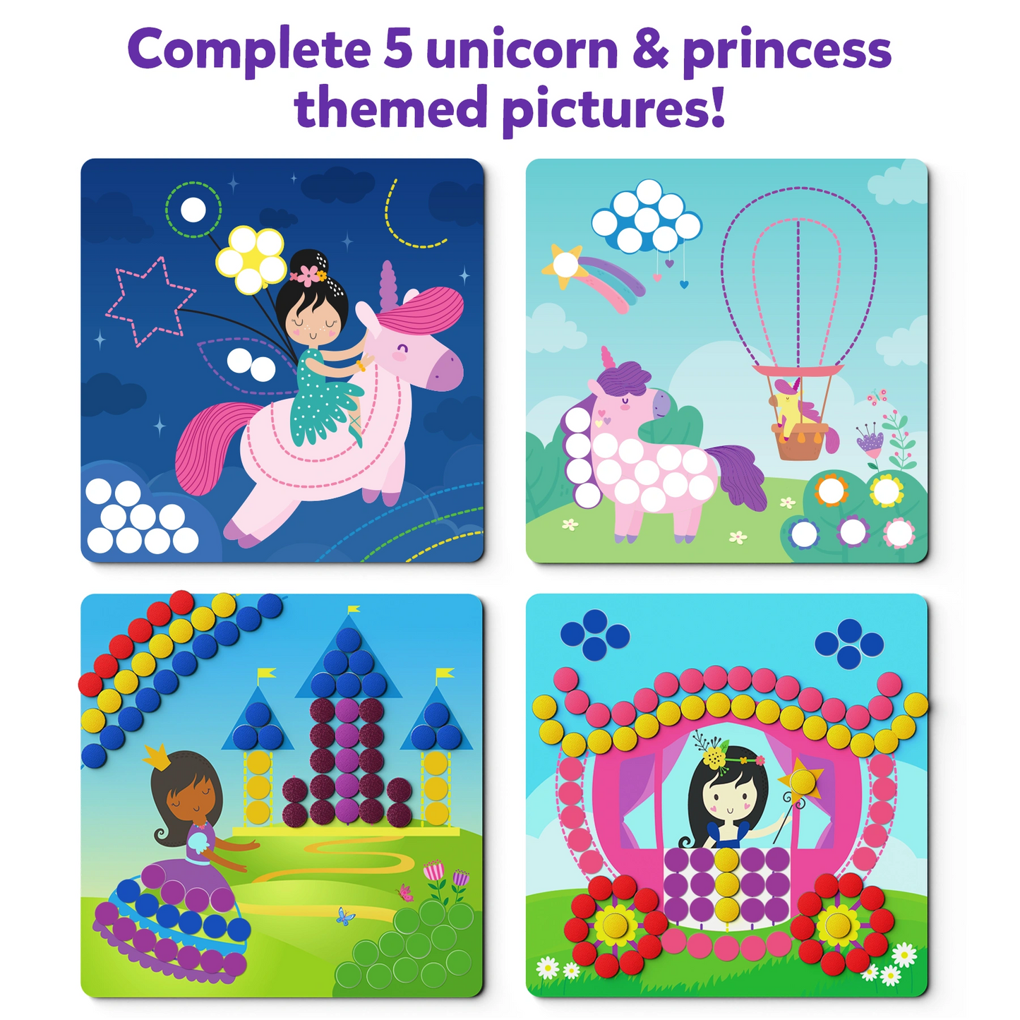 Unicorn and Princess themed pictures featured on Dot It with Magnets product