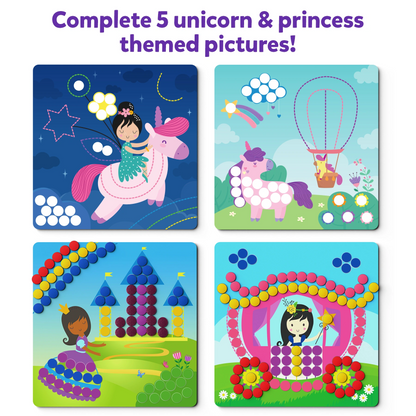 Unicorn and Princess themed pictures featured on Dot It with Magnets product