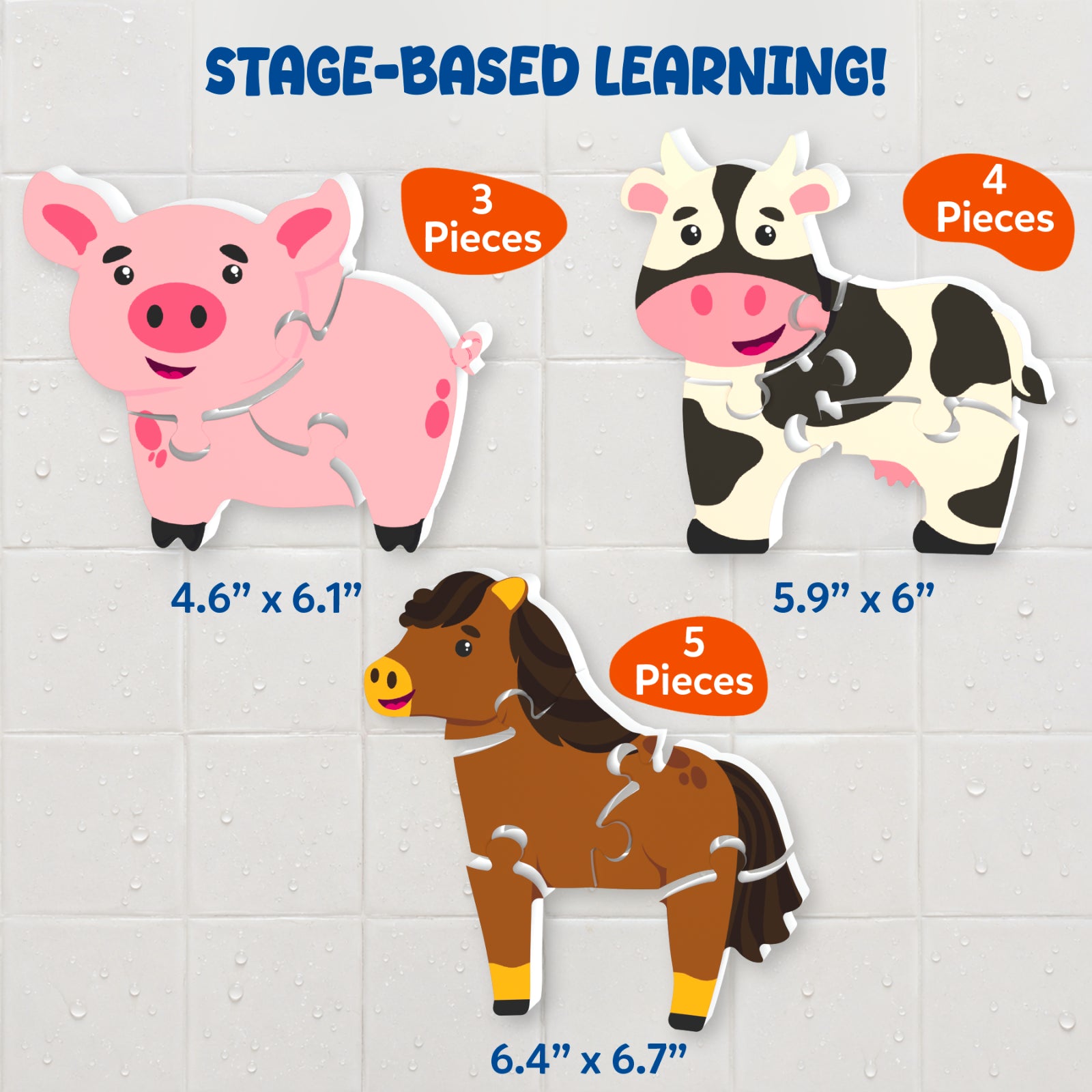 Skillmatics Bathtime Puzzles stage-based learning graphic displaying three foam farm animal puzzles with increasing difficulty levels. The pig has 3 pieces, the cow has 4 pieces, and the horse has 5 pieces. Puzzle dimensions are shown against a tiled bathroom background.