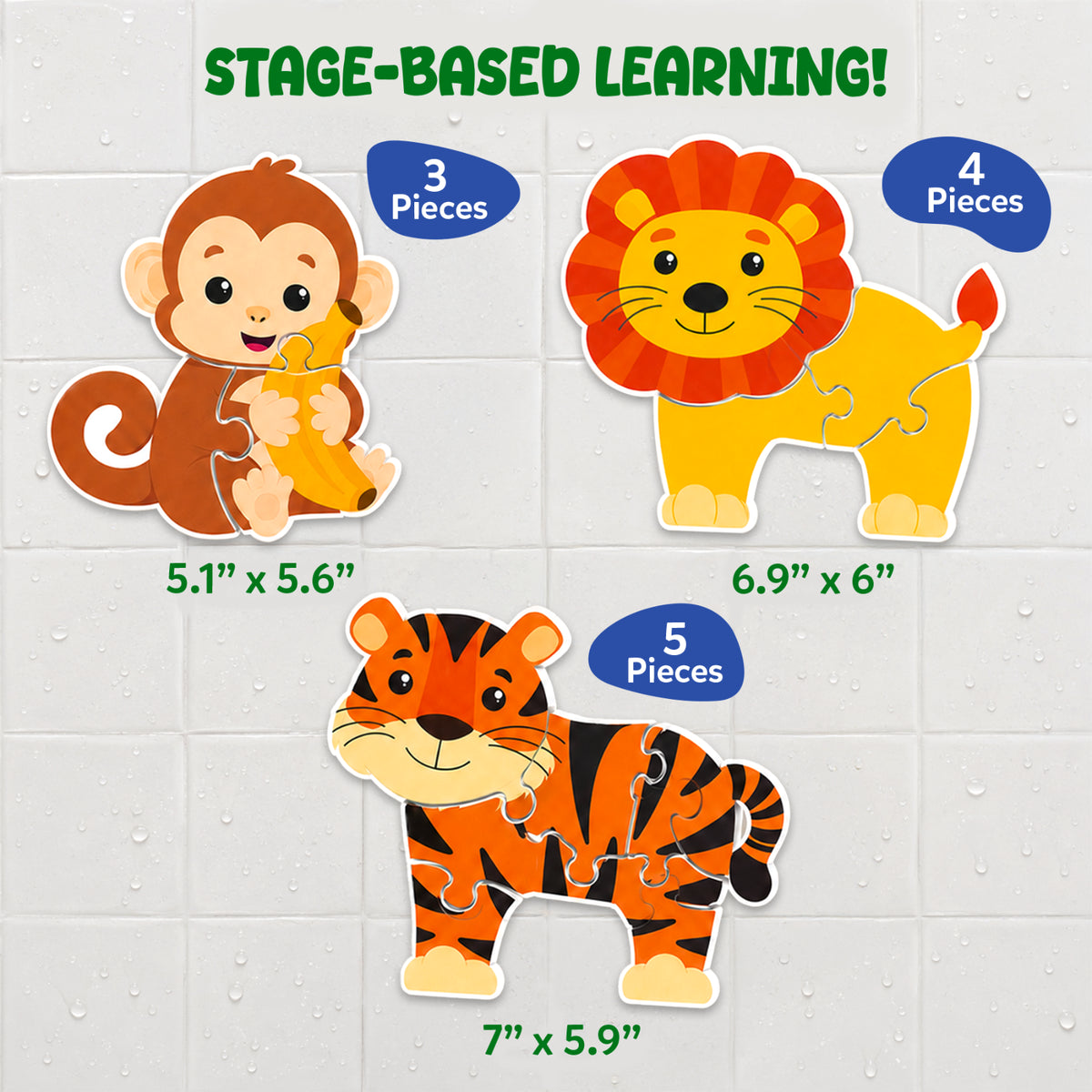 Skillmatics Bathtime Puzzles stage-based learning graphic showing three foam animal puzzles with increasing difficulty levels. The monkey has 3 pieces, the lion has 4 pieces, and the tiger has 5 pieces. Each puzzle includes dimensions, demonstrating a gradual progression suitable for young children.