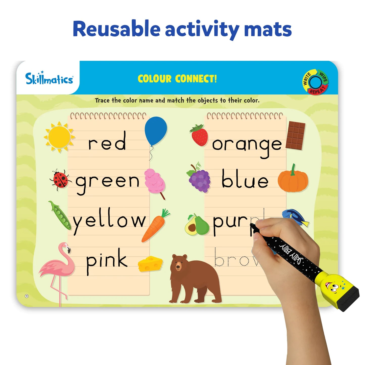 Reusable Skillmatics I Can Write mat titled “Colour Connect.” Kids trace color words like red, green, yellow, pink, orange, blue, purple, and brown, then match them with illustrated objects such as balloons, strawberries, carrots, and pumpkins. Encourages handwriting and color recognition.
