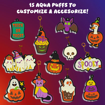 Colorful puffed foam Halloween designs under the heading 15 Aqua Puffs to customize and accessorize, including a Trick or Treat sign, witch-hat cupcake, bat, goose in a pumpkin, skull, three ghosts, witch-hat pumpkin, Spooky sign, ghost with pumpkin, cat in a cape, ghost drink and pumpkin stack.