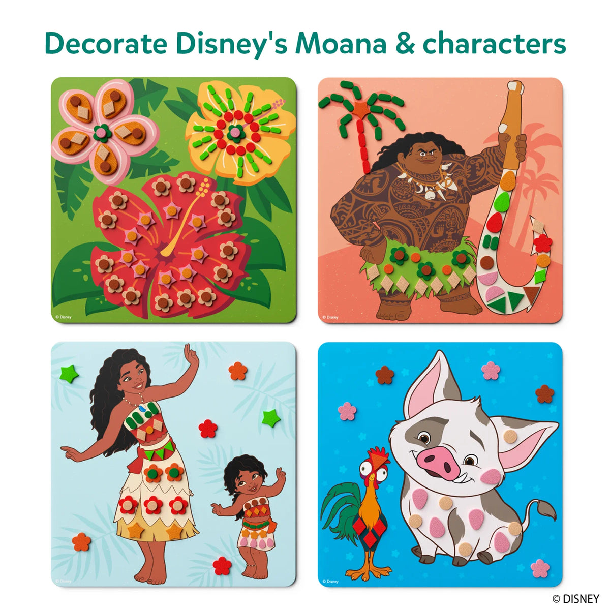 Four finished Fun with Foam boards under the heading Decorate Disney’s Moana and characters: hibiscus flowers covered in foam shapes, Maui with a decorated hook and palm tree, Moana and young Moana dancing in sticker-trimmed skirts, and Pua the pig with Heihei the rooster on blue.