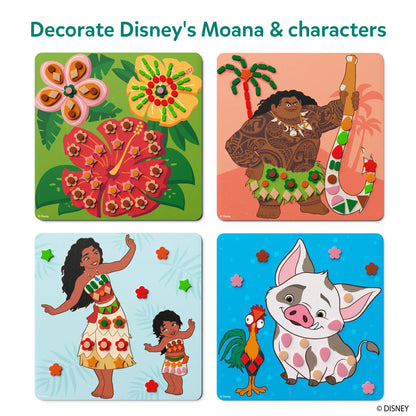 Four finished Fun with Foam boards under the heading Decorate Disney’s Moana and characters: hibiscus flowers covered in foam shapes, Maui with a decorated hook and palm tree, Moana and young Moana dancing in sticker-trimmed skirts, and Pua the pig with Heihei the rooster on blue.