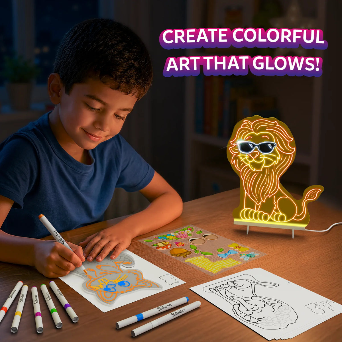 Child using the Skillmatics Light-Up Sketcher at a table, coloring an animal design with markers beside tracing sheets and a reusable sticker sheet. A completed lion-shaped board glows on an LED stand nearby, illustrating colorful illuminated artwork created with the kit.