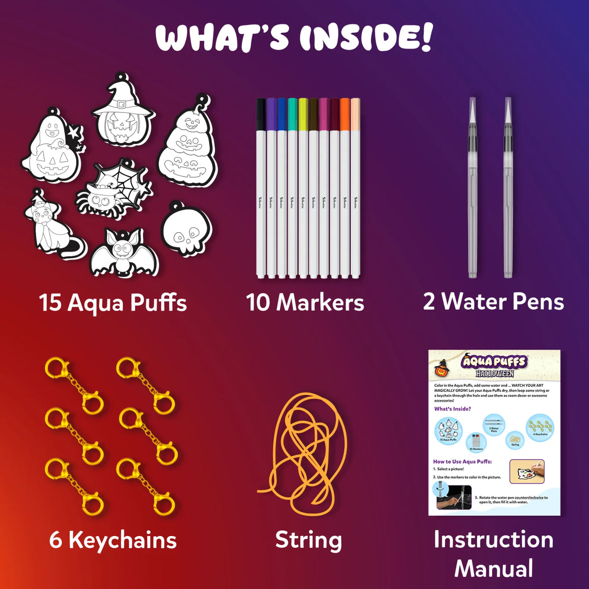 What’s inside the Aqua Puffs Halloween kit: 15 uncolored foam puffs in ghost, pumpkin, spider, cat, bat and skull shapes, 10 colored markers, 2 refillable water pens, 6 gold lobster-clasp keychains, a loop of orange string and an instruction manual explaining how to color, water and display the art.