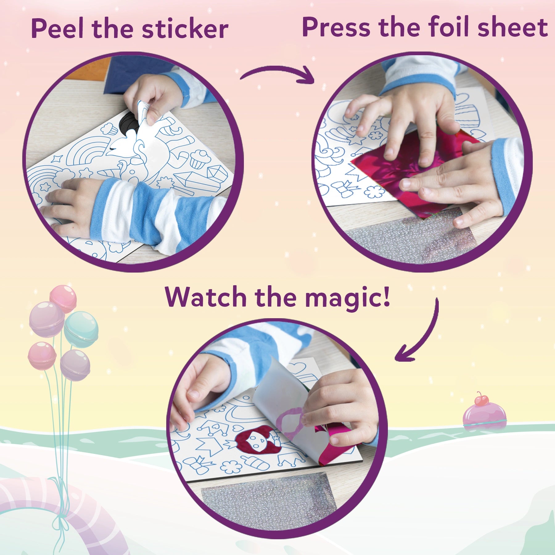 Foil art activity instructions for Foil Fun Unicorn & Princess No Mess Art Kit