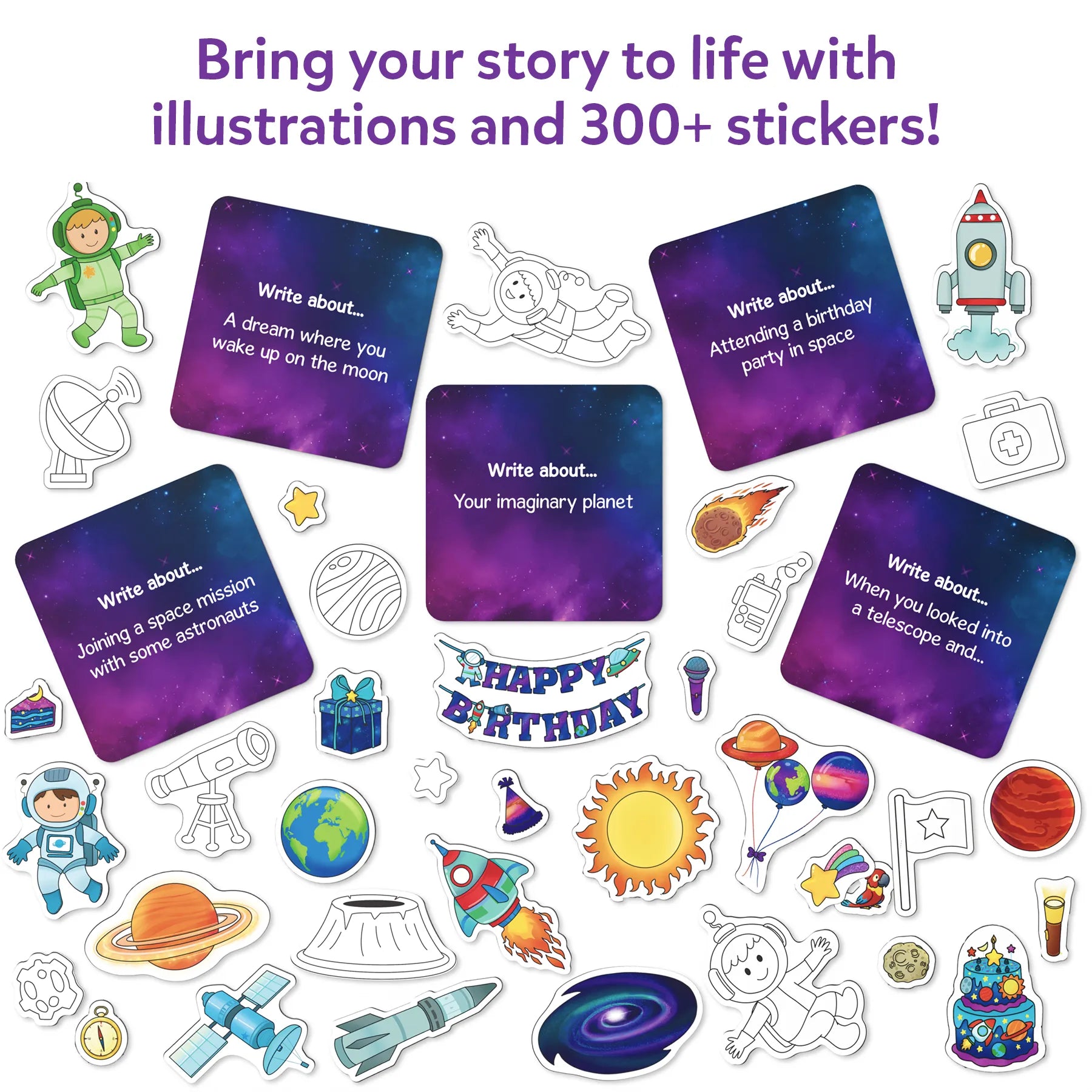 Space-themed story-writing kit with planets stars and rockets for young explorers