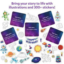 Space-themed story-writing kit with planets stars and rockets for young explorers