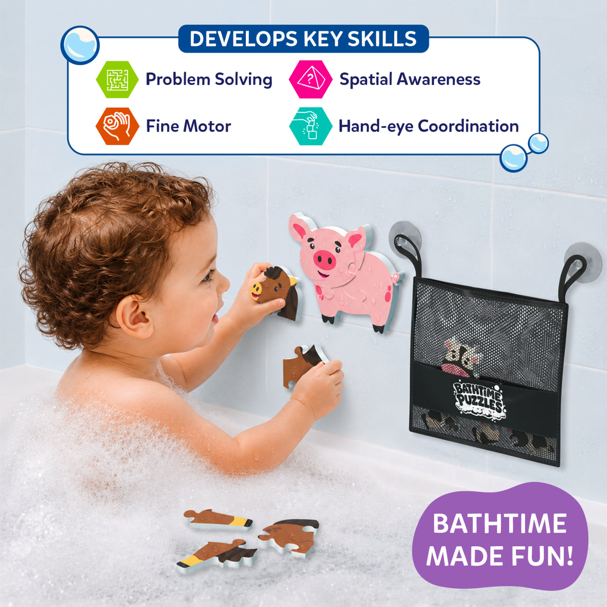 Toddler assembling a foam horse puzzle on a bathtub wall while pig and cow puzzles are attached nearby. Loose puzzle pieces float in the bubbly bath. Graphic highlights developmental benefits including problem solving, fine motor skills, spatial awareness, and hand-eye coordination.