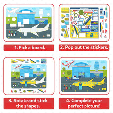 Airport-themed sticker puzzle instructions for Tangram Twist Off We Go product