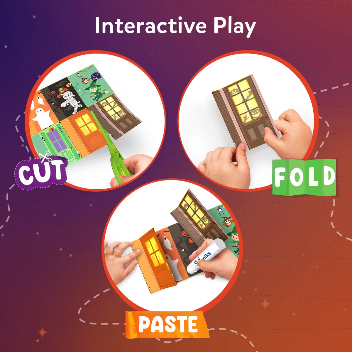 Interactive Play steps for a Snip, Snip! paper craft: Cut, a child’s hand uses green safety scissors on a Halloween house sheet with a ghost, mummy and witch; Fold, small hands crease a spooky door panel; Paste, a glue stick joins the folded panels into a standing haunted house street scene.