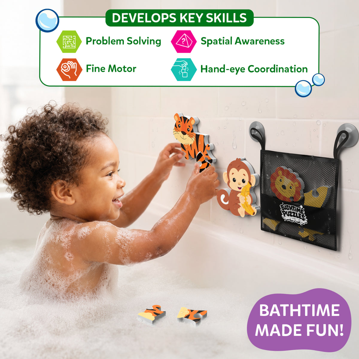 A young child plays with Skillmatics foam animal bath puzzles by attaching the tiger, monkey, and lion to a tiled bathtub wall during bath time. Two puzzle pieces float nearby in the water. Icons highlight skills developed, including problem solving, fine motor skills, spatial awareness, and hand-eye coordination.