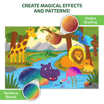 Skillmatics Spraybrush Art animal scene featuring a giraffe, sloth, snake, crocodile, lion, cub, hippo, flamingo and ant beside a river. Text highlights two spray effects: rainbow blends and ombre shading, illustrated with colorful textured circles and labels.