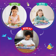 Children writing and wiping on a reusable Disney Princesses activity mat for ages 3-6