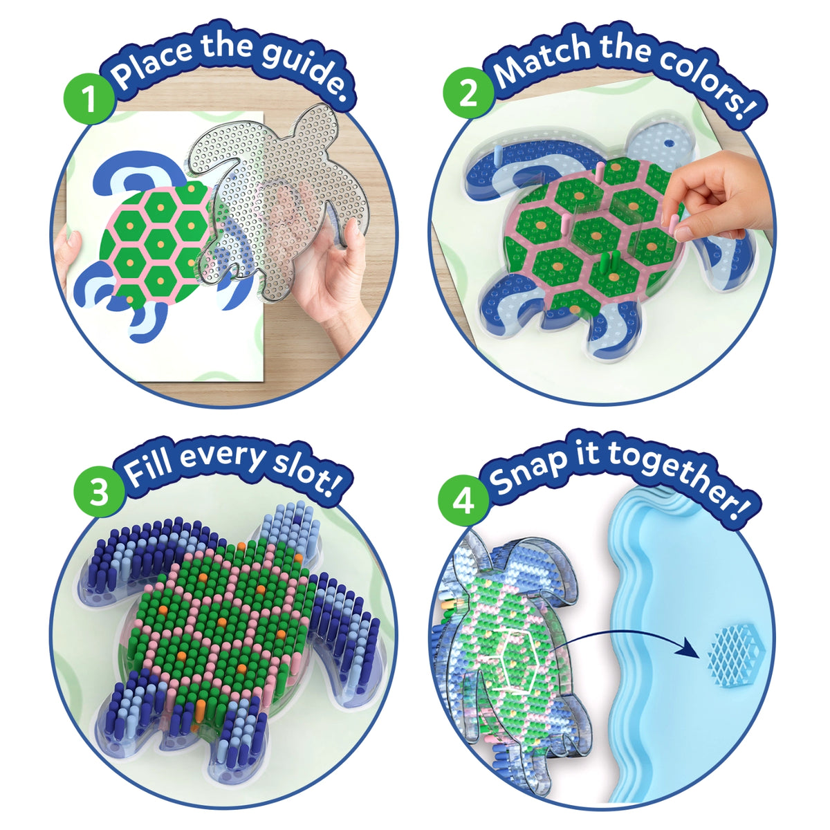 Step-by-step visual guide showing how to create the Skillmatics Stixels Sea Turtle wall decor. Images demonstrate placing the color guide beneath the transparent base, matching and inserting Stixels by color, filling the design, attaching it to the frame, and displaying the finished artwork.