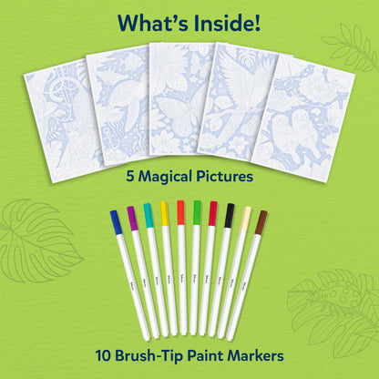 Product overview graphic on a green background titled 'What’s Inside!' showing Paint-Over Art kit contents. It features five folded sample picture cards with line-art designs and a row of ten brush-tip paint markers, labeled '5 Magical Pictures' and '10 Brush-Tip Paint Markers.
