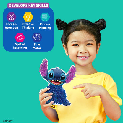Young child holding a blue and purple textured Stitch toy from Poke-in Art Lilo & Stitch
