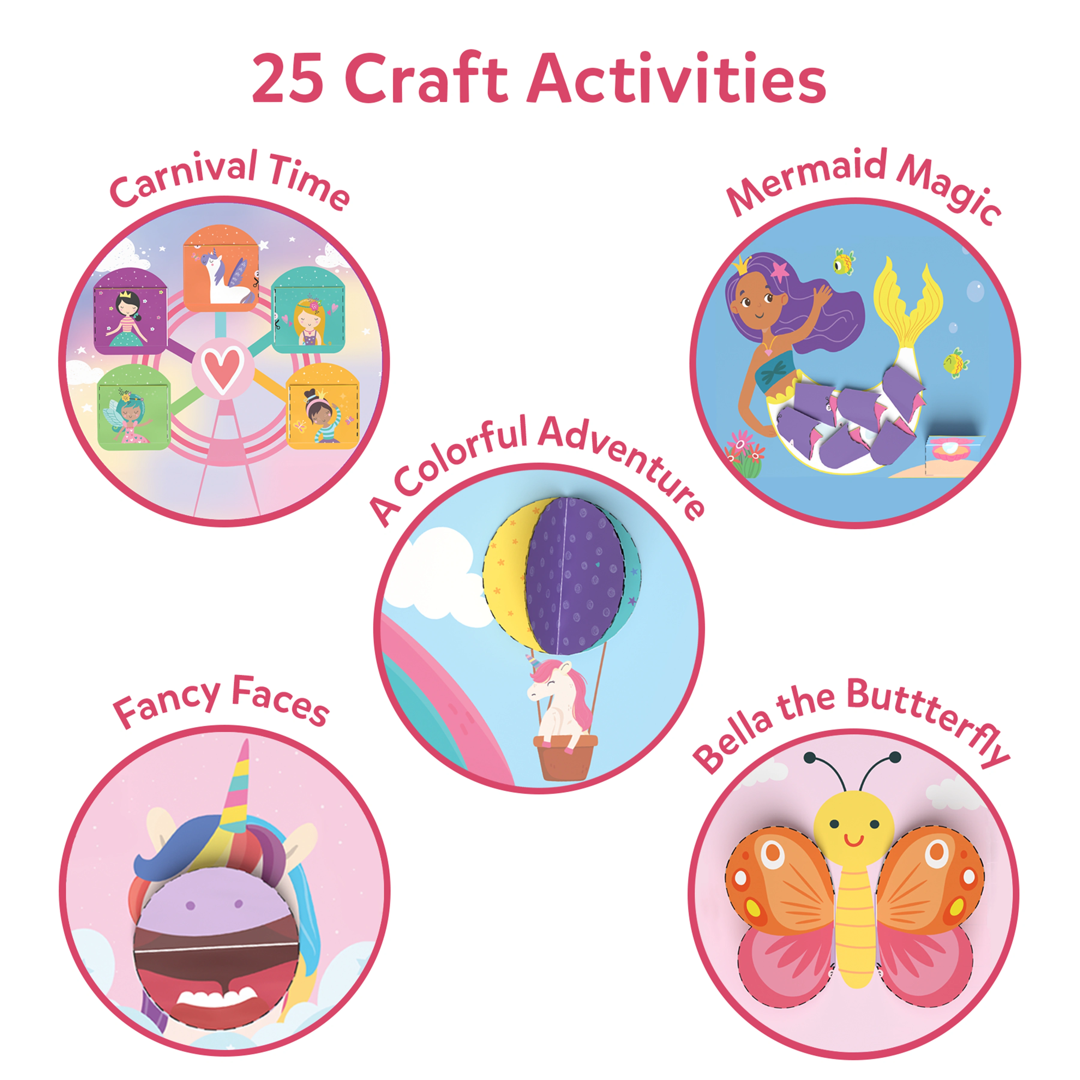 Craft activity illustrations for Snip Snip Unicorn and Princesses art and craft kit for ages 3 to 7