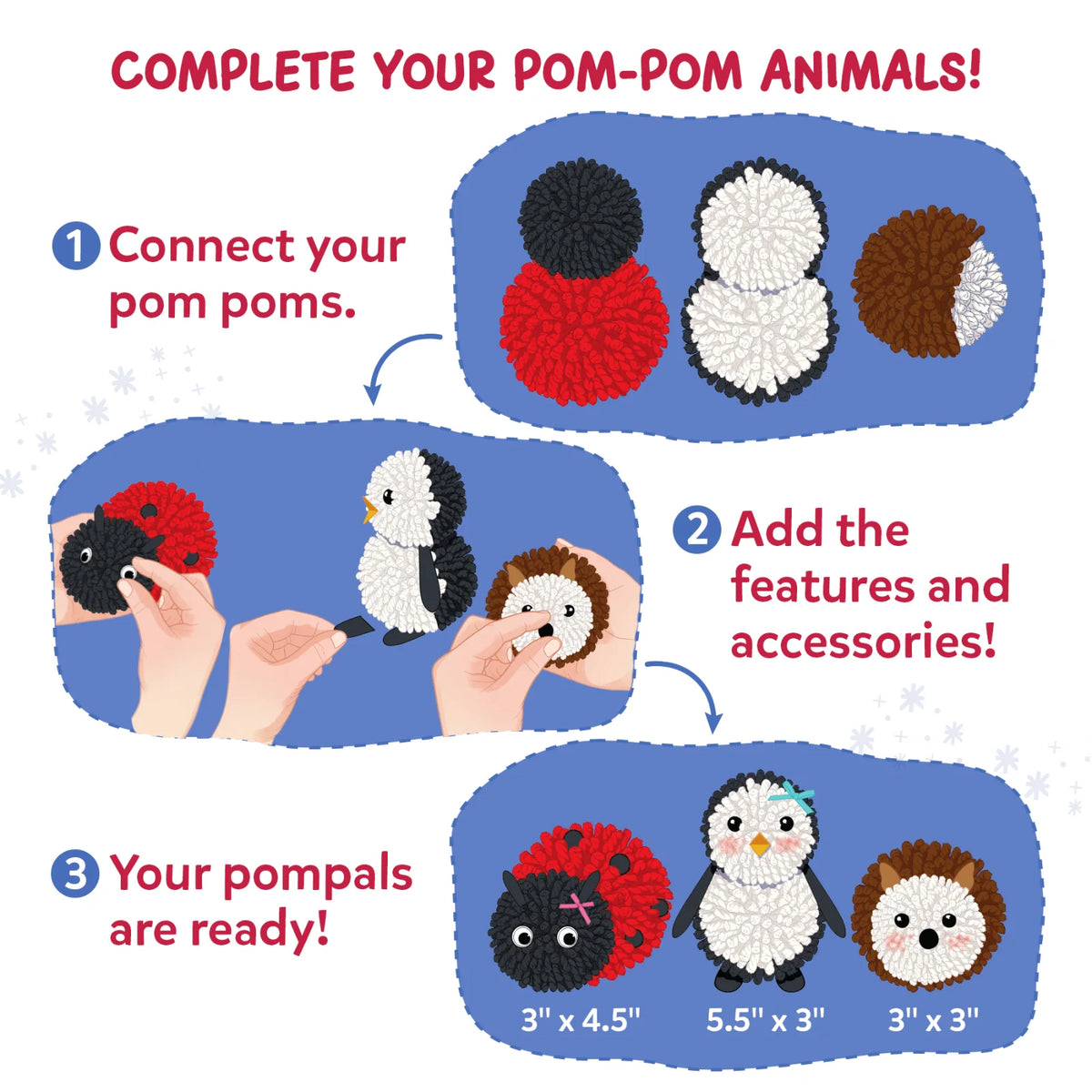 Skillmatics PomPals craft instructions showing three pom-pom animals made from black, red, white and brown yarn. Step-by-step illustrations demonstrate connecting pom-poms, adding facial features and accessories, and displaying the finished ladybug, penguin and hedgehog with their sizes.