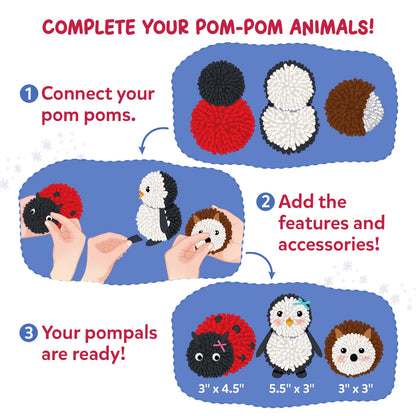 Skillmatics PomPals craft instructions showing three pom-pom animals made from black, red, white and brown yarn. Step-by-step illustrations demonstrate connecting pom-poms, adding facial features and accessories, and displaying the finished ladybug, penguin and hedgehog with their sizes.