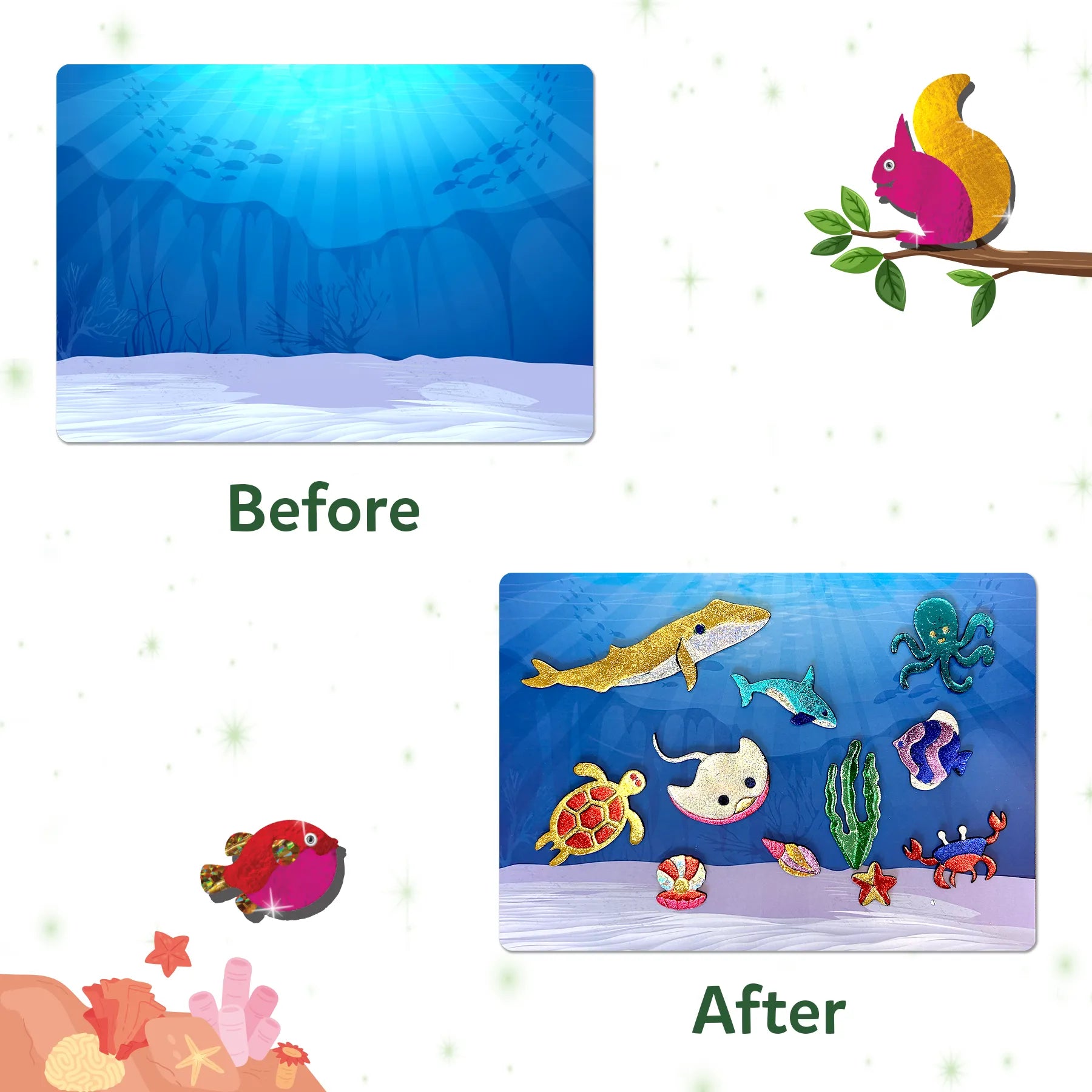 Ocean-themed before and after illustration from Foil Fun World of Animals MegaPack Art Kit