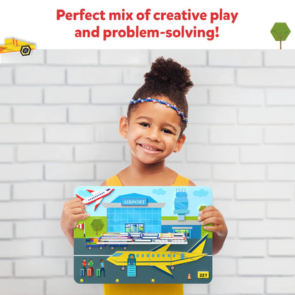 Airport-themed puzzle from Tangram Twist Off We Go! no mess sticker art for ages 4-7