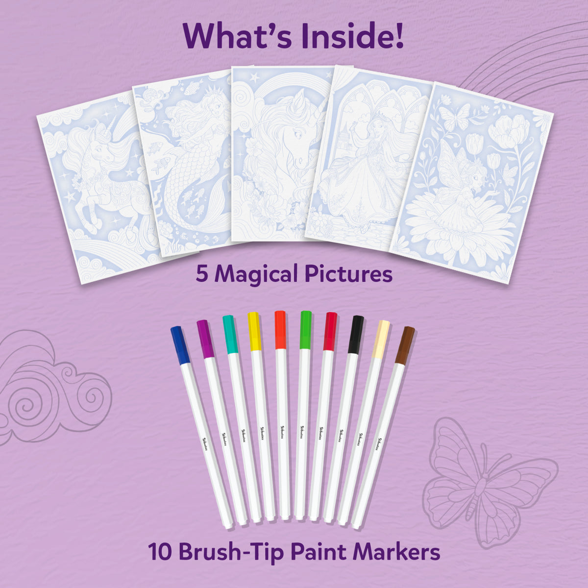 Paint-Over Art 'What's Inside' layout showing five magical themed outline art sheets arranged in a fan, alongside ten brush-tip paint markers in multiple colors. Soft purple background with title text and decorative patterns highlights kit contents for creative colouring activity.