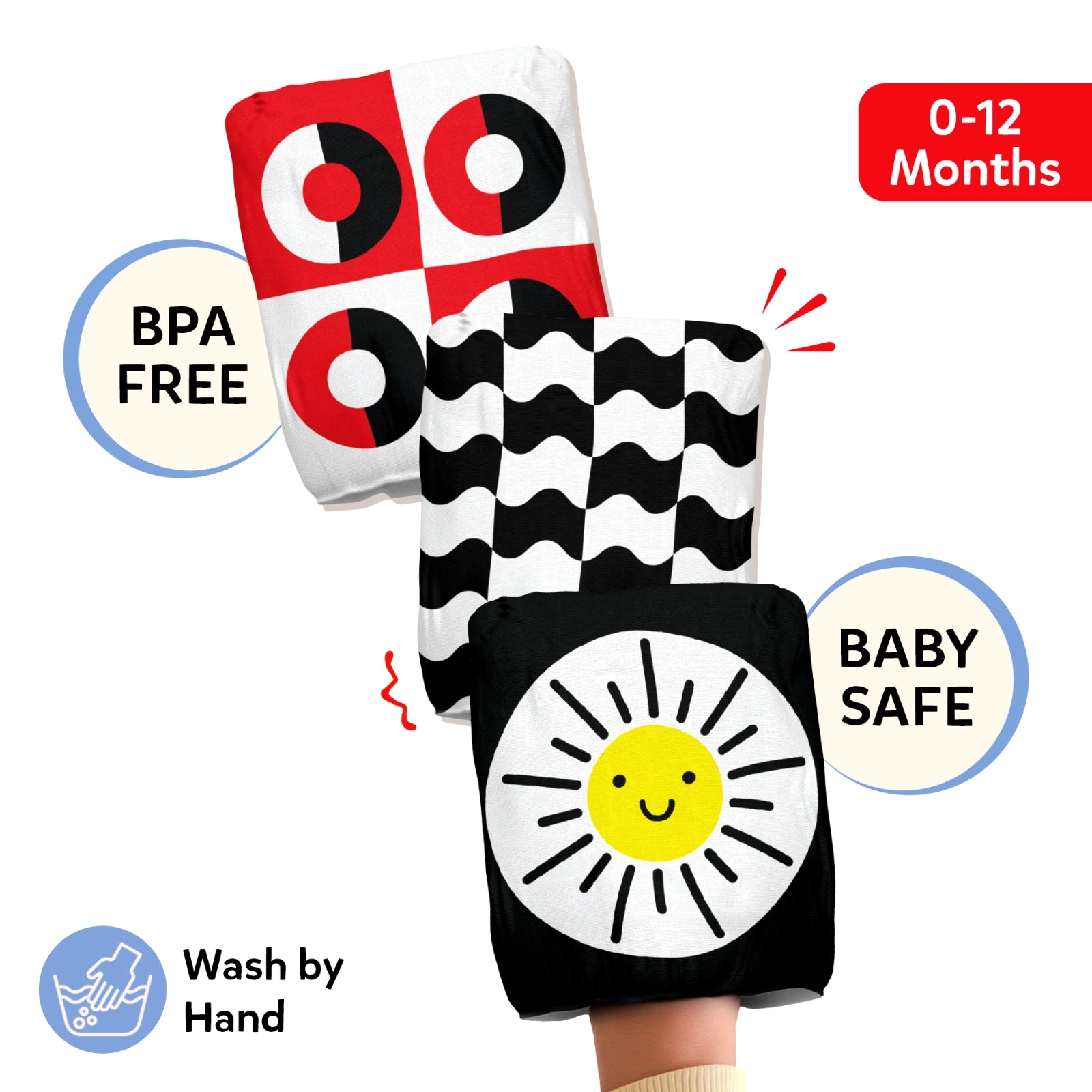 Skillmatics High Contrast Crinklers panel titled Designed for Early Development, with a central black cloth crinkler showing white star patterns and a red accent star. A dotted arc connects icons for Sight (eye), Sound (speaker), and Touch (hand), showing multisensory development.