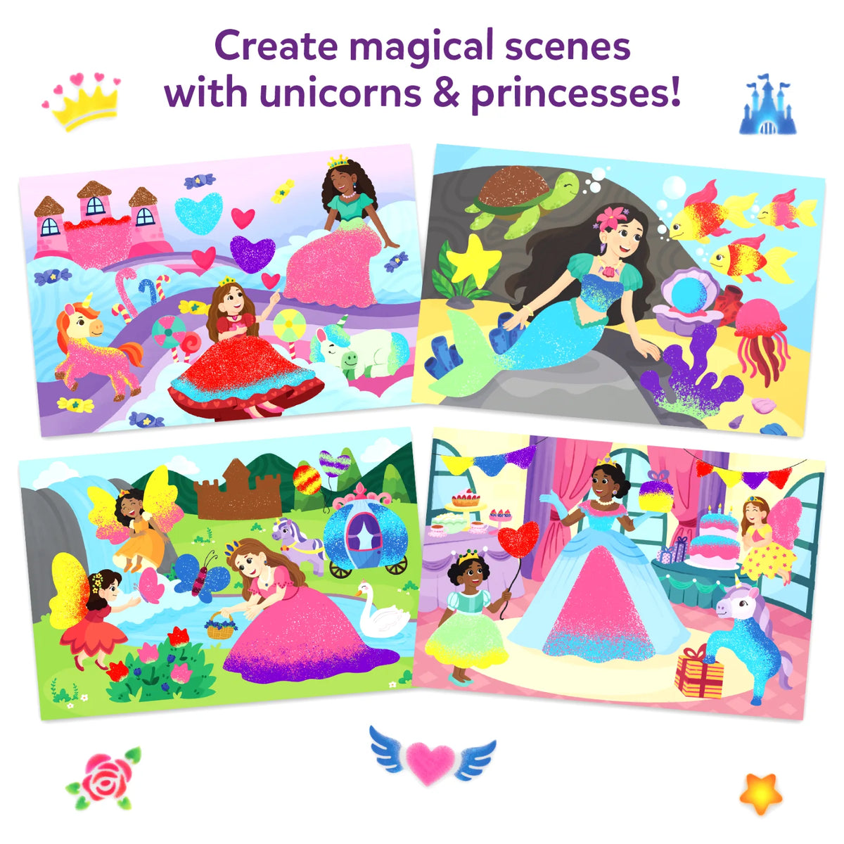 Skillmatics Unicorns and Princesses artwork shows four glittery fantasy scenes: a princess beside a castle and unicorn, a mermaid with colorful fish and a turtle, fairies by a pond and carriage, and princesses at a birthday party, framed by a crown, castle, rose, winged heart and star.