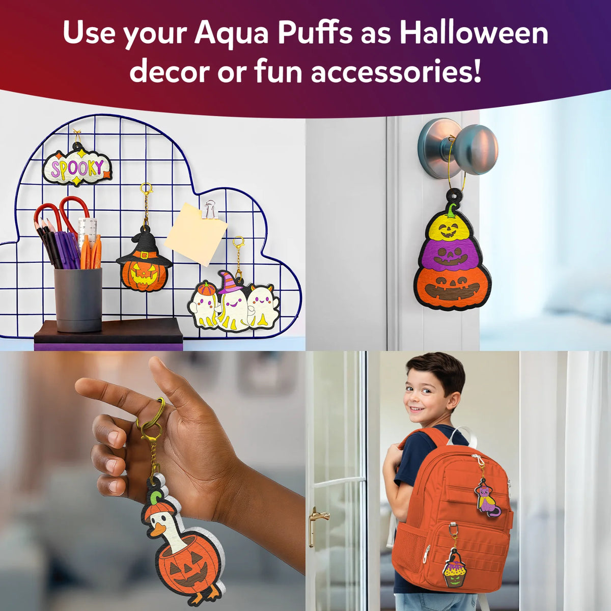 Four Aqua Puffs display ideas under the heading Use your Aqua Puffs as Halloween decor or fun accessories: Spooky sign, pumpkin and ghost pieces on a wire desk grid, a stacked pumpkin hung on a doorknob, a goose keychain held in a hand, and a boy with Aqua Puffs clipped to his orange backpack.