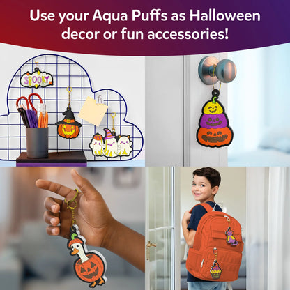 Four Aqua Puffs display ideas under the heading Use your Aqua Puffs as Halloween decor or fun accessories: Spooky sign, pumpkin and ghost pieces on a wire desk grid, a stacked pumpkin hung on a doorknob, a goose keychain held in a hand, and a boy with Aqua Puffs clipped to his orange backpack.