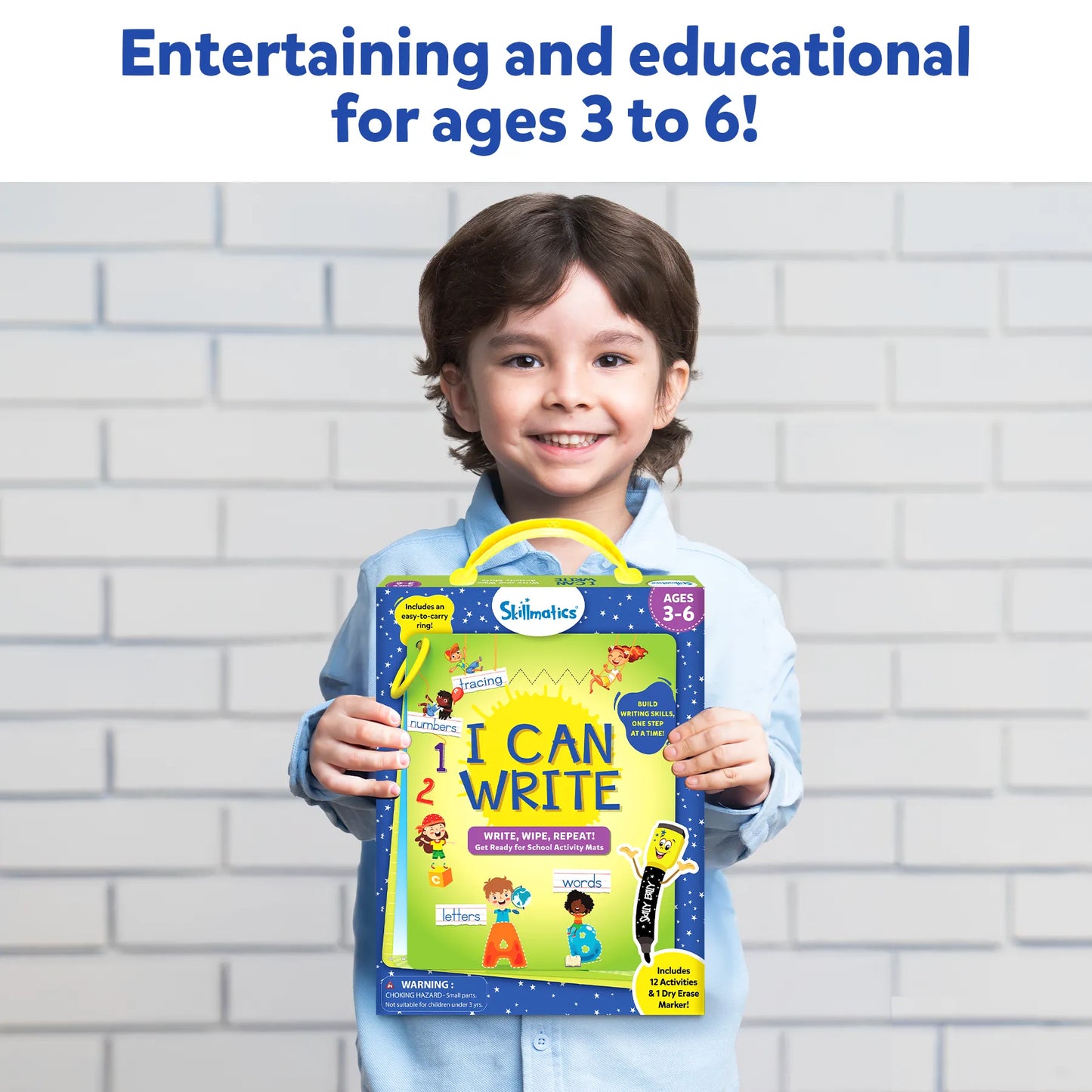 Smiling boy holding Skillmatics I Can Write activity kit with carry handle. Text overlay: “Entertaining and educational for ages 3 to 6!” Shows the kit’s portability and appeal for preschool handwriting practice.