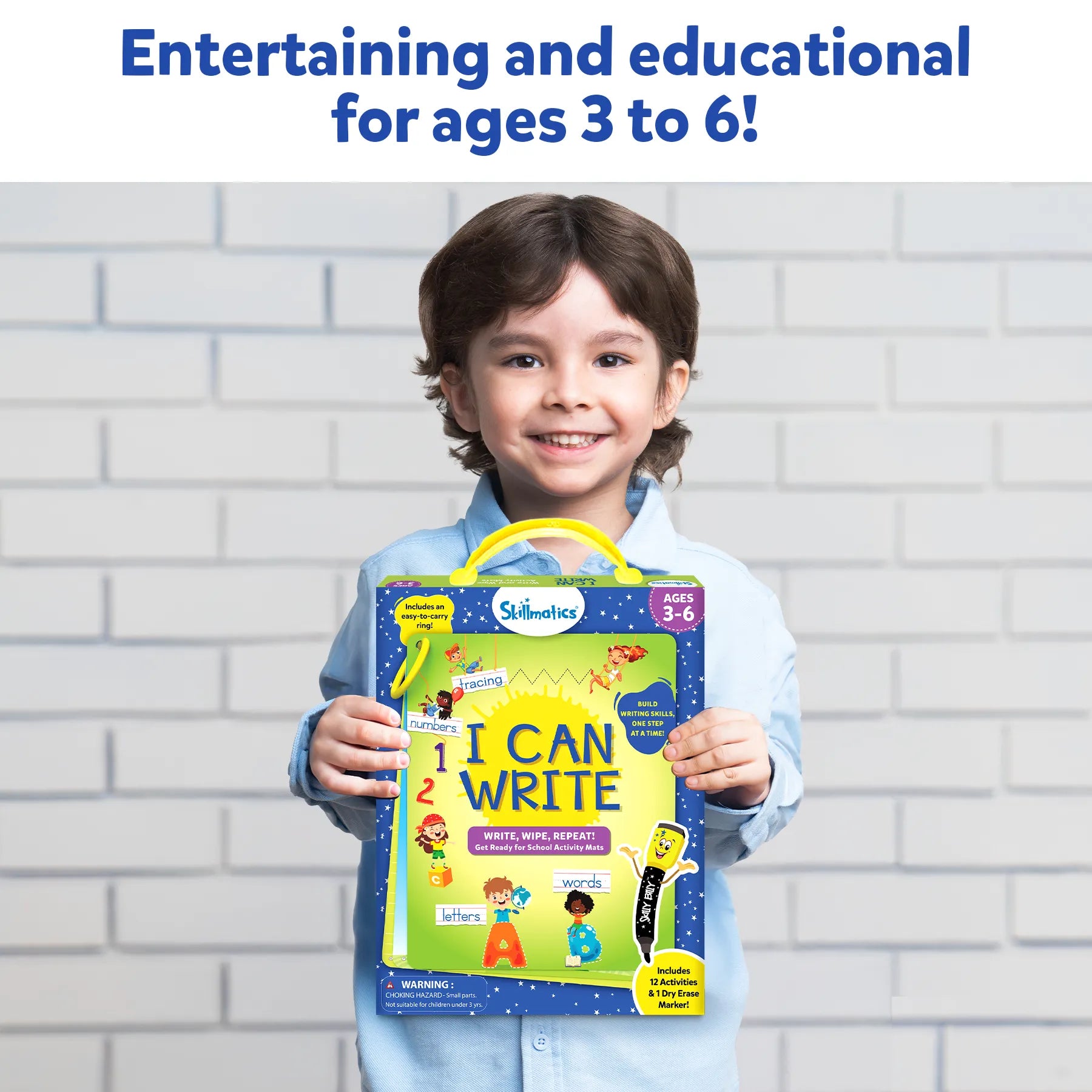 Smiling boy holding Skillmatics I Can Write activity kit with carry handle. Text overlay: “Entertaining and educational for ages 3 to 6!” Shows the kit’s portability and appeal for preschool handwriting practice.