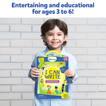 Smiling boy holding Skillmatics I Can Write activity kit with carry handle. Text overlay: “Entertaining and educational for ages 3 to 6!” Shows the kit’s portability and appeal for preschool handwriting practice.