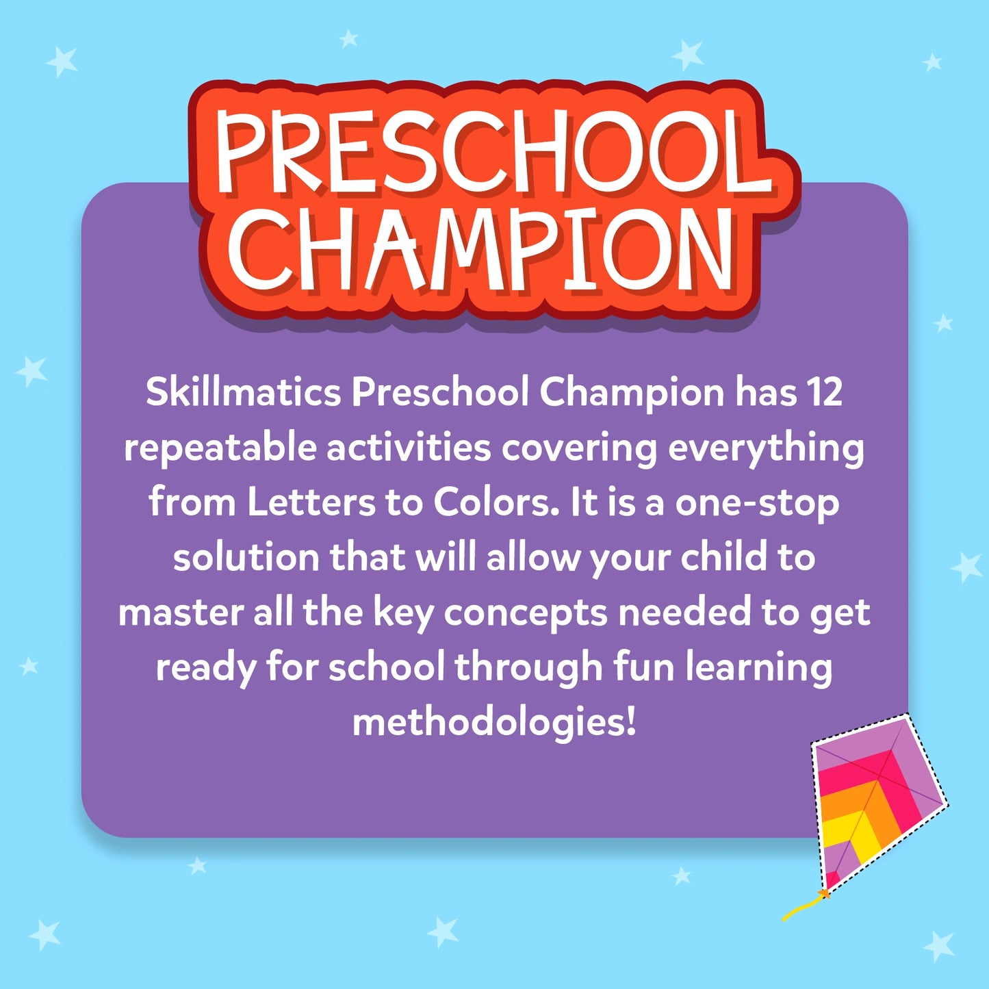 Informational card with the title “Preschool Champion.” Text explains that the kit includes 12 repeatable activities covering letters, numbers, and colors to help children master key concepts for school through fun learning methodologies.
