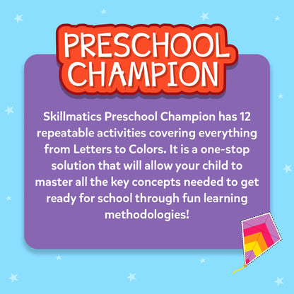 Informational card with the title “Preschool Champion.” Text explains that the kit includes 12 repeatable activities covering letters, numbers, and colors to help children master key concepts for school through fun learning methodologies.